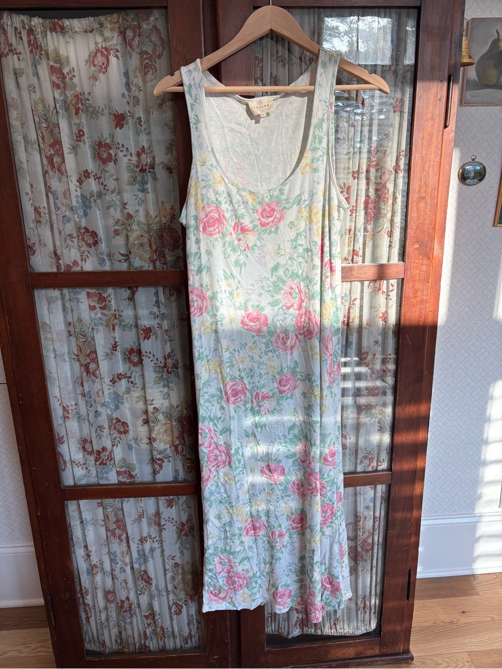 SEZANE Floral Scoop-Neck Maxi Dress in Light Blue and Pink M